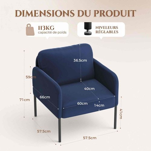 Fauteuil Fixe En Tissu Avec Pieds En Métal Fin, Bleu