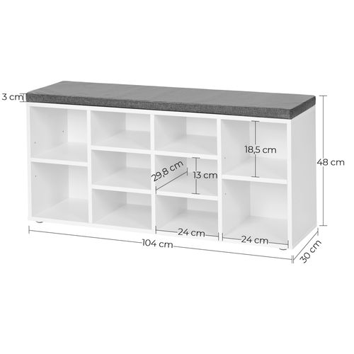 Meuble à Chaussures, Banc D'entrée Avec 10 Compartiments, 104 X 30 X 48 Cm, Blanc