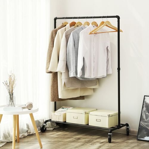 Portant à Vêtements à Roulettes, Charge 90 Kg, Une Barre Métallique, Étagère Robuste, Noir Hsr61bk