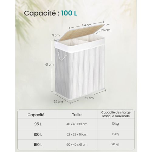 Panier à Linge Avec Couvercle, Corbeille à Linge En Bambou, 2 Compartiments De Tri, Sac Amovible