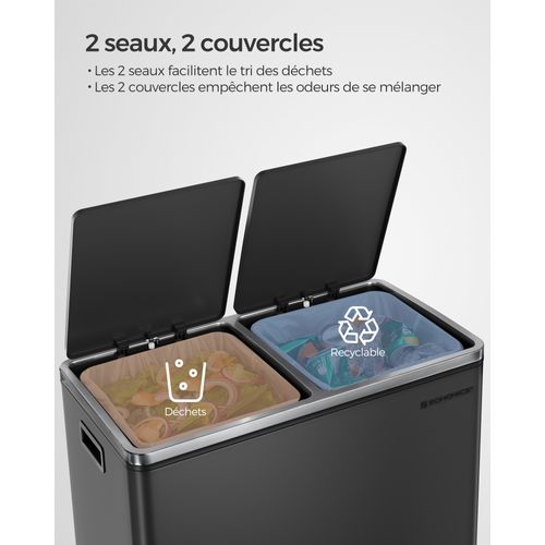 Poubelle Cuisine Tri Sélectif 2 X 30l, 2 Seaux En Plasatique, Avec 15 Sacs Poubelles, Noir