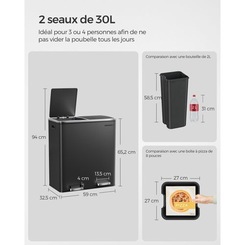 Poubelle Cuisine Tri Sélectif 2 X 30l, 2 Seaux En Plasatique, Avec 15 Sacs Poubelles, Noir