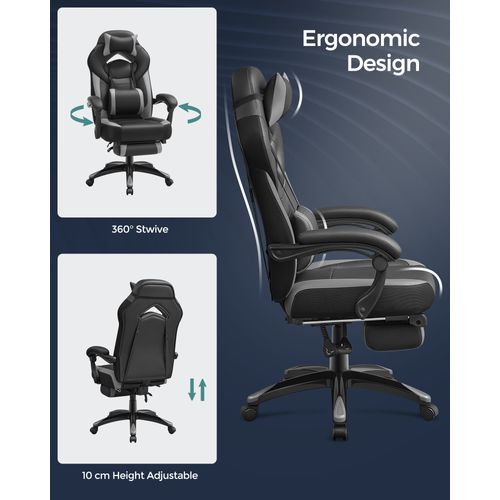 Fauteuil Gamer Ergonomique, Capacité De Charge 150 Kg, Gris Et Noir