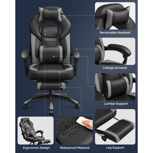 Fauteuil Gamer Ergonomique, Capacité De Charge 150 Kg, Gris Et Noir