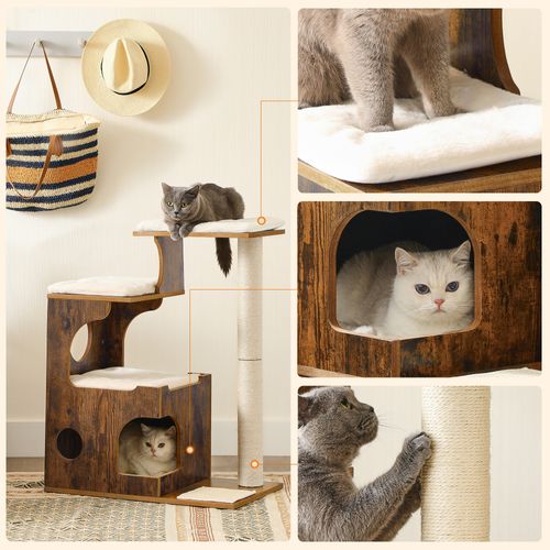 Arbre à Chat, Hauteur 86 Cm, 3 Plate-formes Et 1 Niche, Marron Rustique Et Blanc