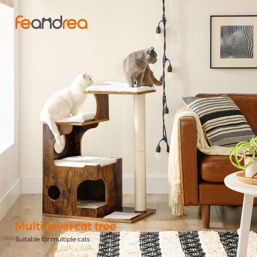 Arbre à Chat, Hauteur 86 Cm, 3 Plate-formes Et 1 Niche, Marron Rustique Et Blanc