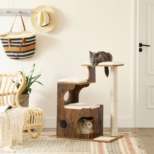 Arbre à Chat, Hauteur 86 Cm, 3 Plate-formes Et 1 Niche, Marron Rustique Et Blanc
