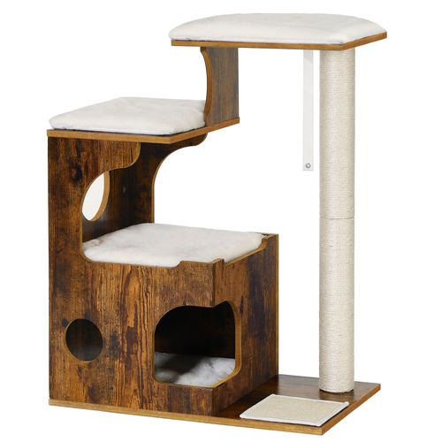Arbre à Chat, Hauteur 86 Cm, 3 Plate-formes Et 1 Niche, Marron Rustique Et Blanc