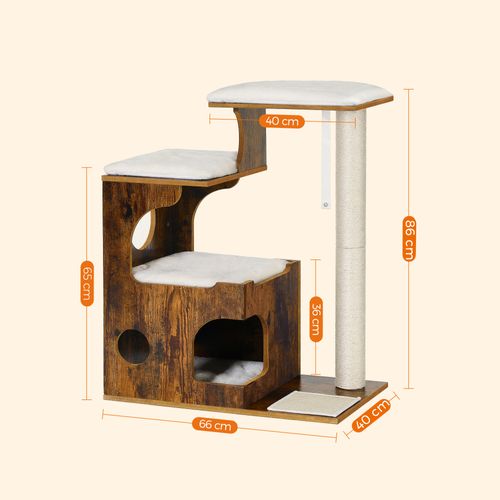 Arbre à Chat, Hauteur 86 Cm, 3 Plate-formes Et 1 Niche, Marron Rustique Et Blanc