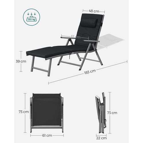 Bain De Soleil Avec Matelas D’un Épaisseur De 6 Cm, En Alu Anti-rouille, Charge Max 150 Kg, Noir