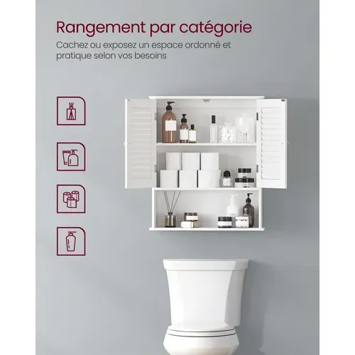 Meuble Mural, Armoire De Salle De Bain, 60 X 20 X 70 Cm, 2 Portes Et Étagère Ouverte, Blanc