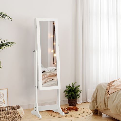 Armoire à Bijoux LED Sur Pieds Avec Serrure Miroir Toute-longueur 4 étagères 2 Tiroirs Blanc