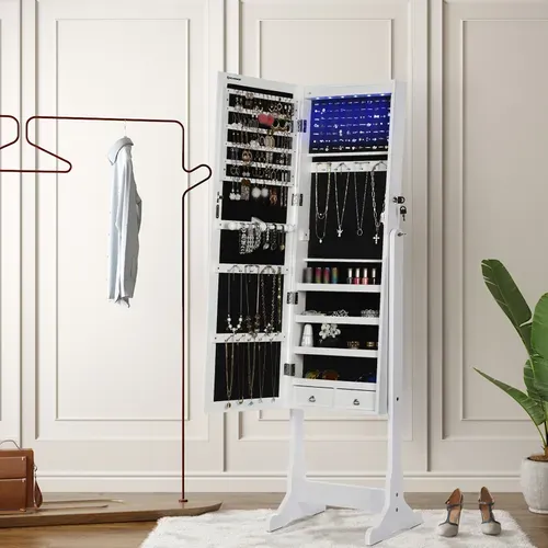Armoire à Bijoux LED Sur Pieds Avec Serrure Miroir Toute-longueur 4 étagères 2 Tiroirs Blanc