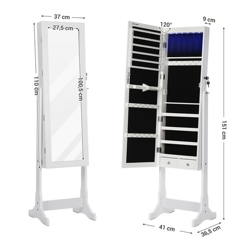 Armoire à Bijoux LED Sur Pieds Avec Serrure Miroir Toute-longueur 4 étagères 2 Tiroirs Blanc