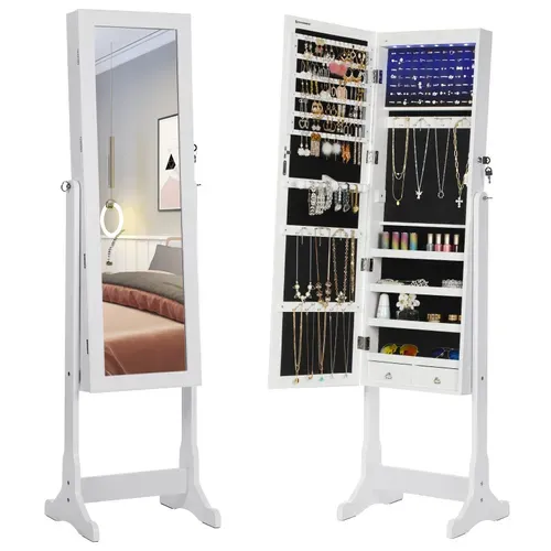 Armoire à Bijoux LED Sur Pieds Avec Serrure Miroir Toute-longueur 4 étagères 2 Tiroirs Blanc