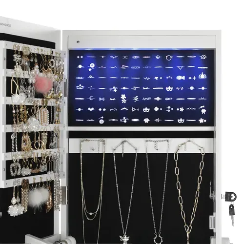 Armoire à Bijoux LED Sur Pieds Avec Serrure Miroir Toute-longueur 4 étagères 2 Tiroirs Blanc