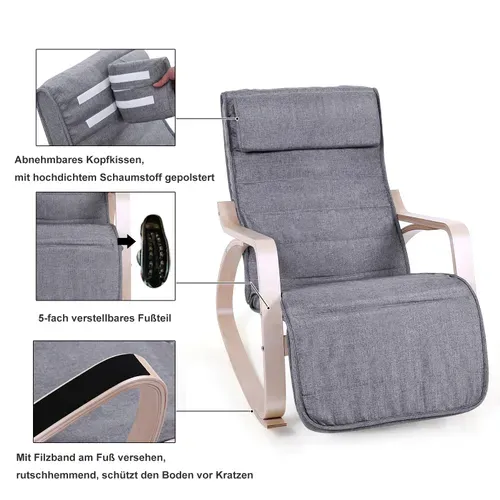 Fauteuil à Bascule, Rocking Chair, Avec Repose-pied, Gris