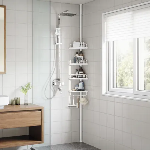 85-305 Cm Étagère De Douche Pour Salle De Bain Avec Tubes Télescopiques Et 4 Tablettes