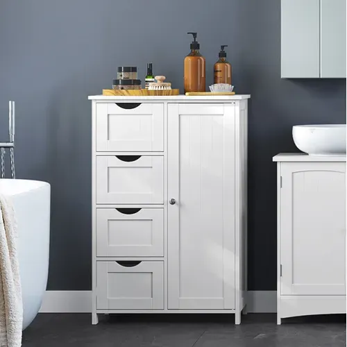 Armoire De Salle De Bain Avec 4 Tiroirs, Porte, Étagère Réglable, 55 X 30 X 82 Cm, Blanc