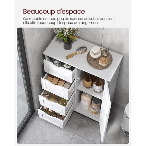 Armoire De Salle De Bain Avec 4 Tiroirs, Porte, Étagère Réglable, 55 X 30 X 82 Cm, Blanc
