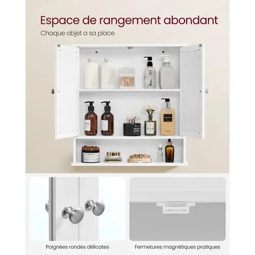 Armoire Murale Salle De Bain, Avec 2 Portes Et Miroirs, 56 X 13 X 58 Cm, Blanc