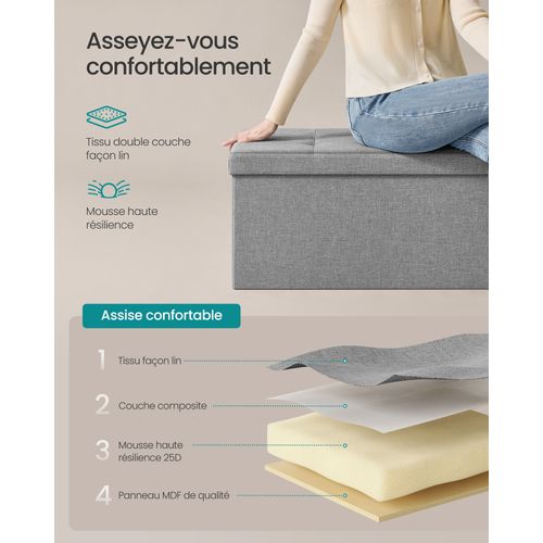 Banc Avec Espace De Rangement, Pliable, Capacité De Charge 300 Kg, 131 L, Gris Clair