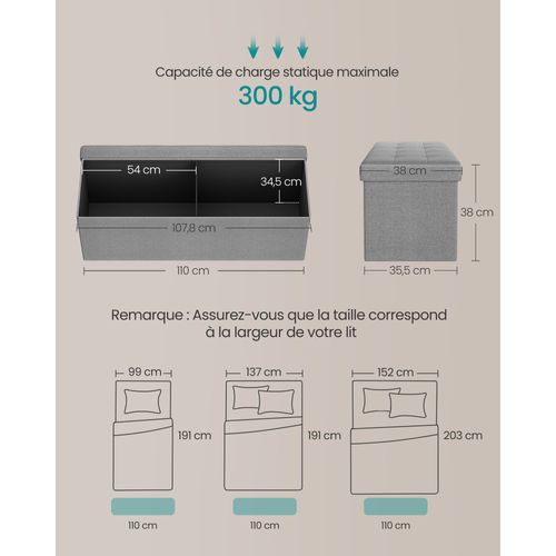Banc Avec Espace De Rangement, Pliable, Capacité De Charge 300 Kg, 131 L, Gris Clair
