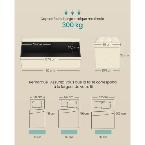 Bout De Lit,coffre De Rangement,pliable,charge 300 Kg,131 L,imitation Lin, Beige