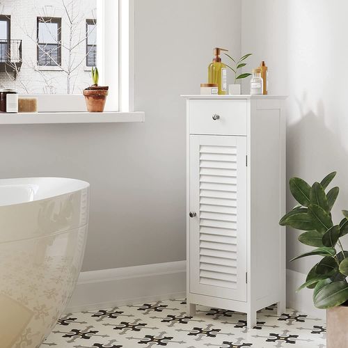 Armoire De Rangement De Salle De Bain Avec Tiroir, Porte Persienne, 32 X 30 X 87 Cm, Blanc