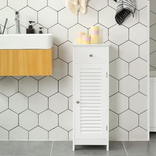 Armoire De Rangement De Salle De Bain Avec Tiroir, Porte Persienne, 32 X 30 X 87 Cm, Blanc