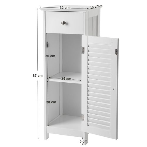 Armoire De Rangement De Salle De Bain Avec Tiroir, Porte Persienne, 32 X 30 X 87 Cm, Blanc