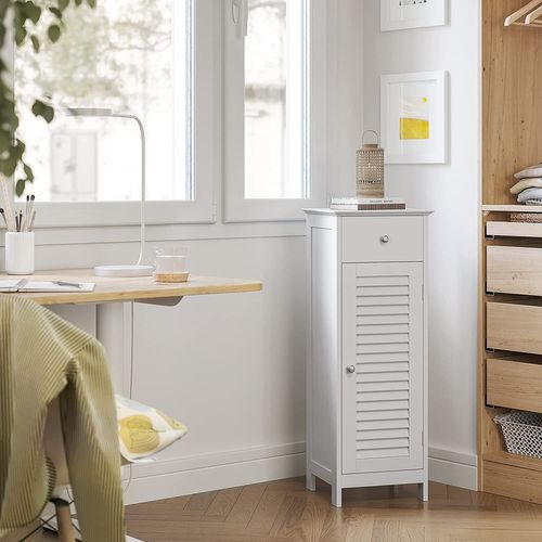 Armoire De Rangement De Salle De Bain Avec Tiroir, Porte Persienne, 32 X 30 X 87 Cm, Blanc