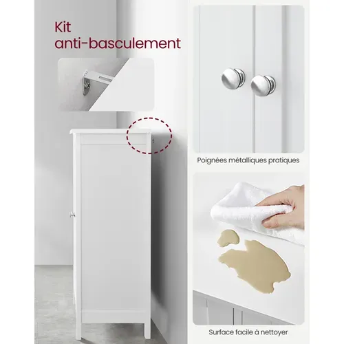 Armoire De Salle De Bain Avec 2 Portes Et 2 Étagères Réglables, 60 X 30 X 80 Cm, Blanc