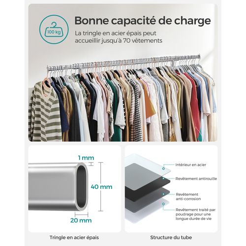 Portant à Vêtements Avec Roulettes, Capacité De Charge 100 Kg, Argent