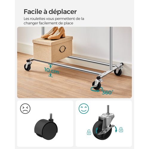 Portant à Vêtements Avec Roulettes, Capacité De Charge 100 Kg, Argent