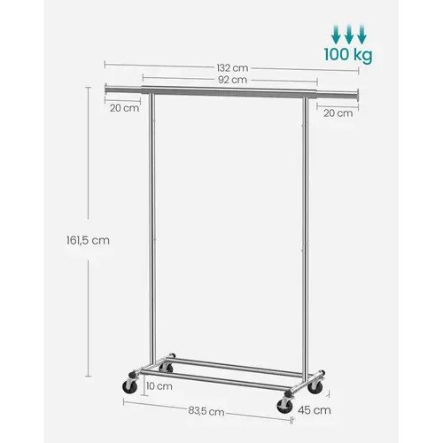 Portant à Vêtements Avec Roulettes, Capacité De Charge 100 Kg, Argent