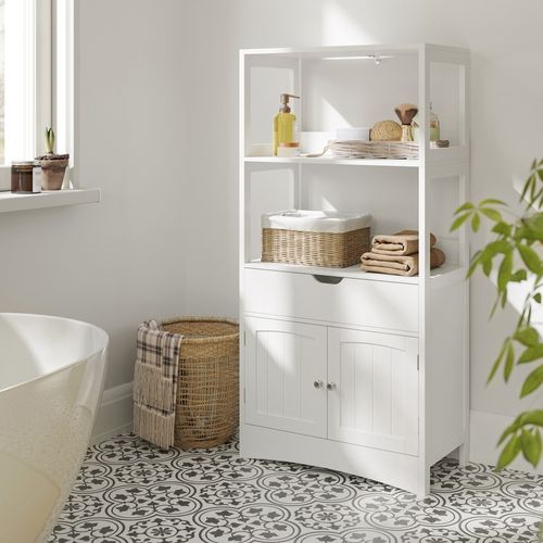 Armoire De Salle De Bain Avec Tiroir, 2 Compartiments Ouverts, 2 Portes, 60 X 122 X 32,5 Cm, Blanc