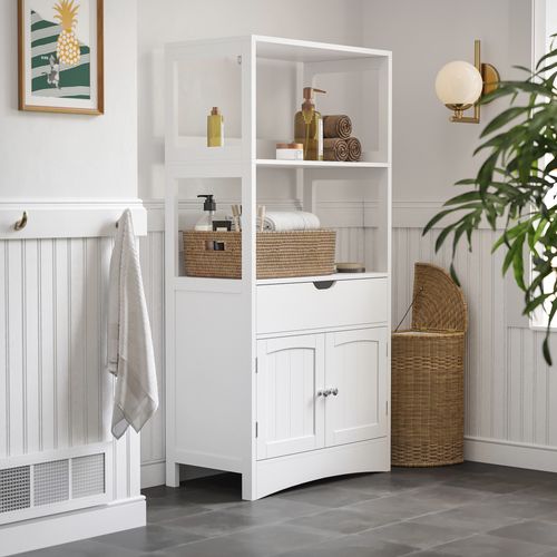Armoire De Salle De Bain Avec Tiroir, 2 Compartiments Ouverts, 2 Portes, 60 X 122 X 32,5 Cm, Blanc