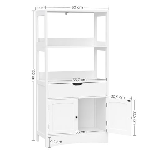Armoire De Salle De Bain Avec Tiroir, 2 Compartiments Ouverts, 2 Portes, 60 X 122 X 32,5 Cm, Blanc