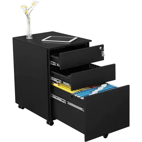 Caisson De Bureau Metal, Avec Roulettes Et Serrure, 3 Tiroirs, 39 X 52 X 60 Cm