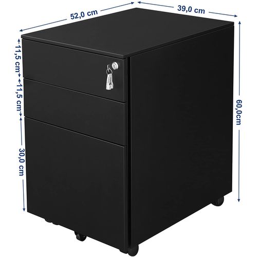 Caisson De Bureau Metal, Avec Roulettes Et Serrure, 3 Tiroirs, 39 X 52 X 60 Cm