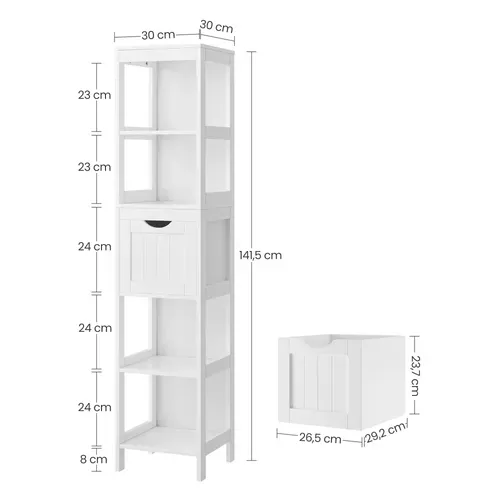 Armoire De Salle De Bain, Colonne Avec 2 Tiroirs Et 3 Casiers, 30 X 30 X 141.5 Cm, Blanc