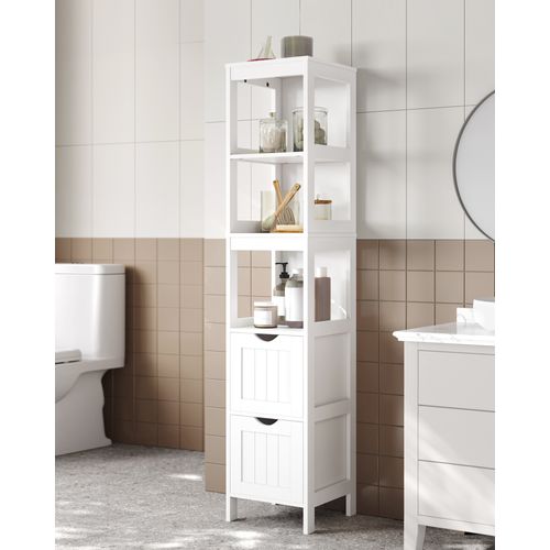 Armoire De Salle De Bain, Colonne Avec 2 Tiroirs Et 3 Casiers, 30 X 30 X 141.5 Cm, Blanc
