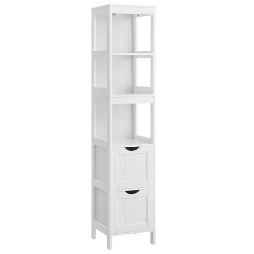 Armoire De Salle De Bain, Colonne Avec 2 Tiroirs Et 3 Casiers, 30 X 30 X 141.5 Cm, Blanc
