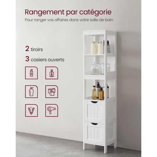 Armoire De Salle De Bain, Colonne Avec 2 Tiroirs Et 3 Casiers, 30 X 30 X 141.5 Cm, Blanc