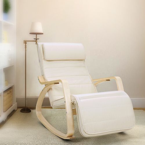 Fauteuil À Bascule En Bois De Bouleau Avec Accoudoirs Et Repose-pieds - Beige