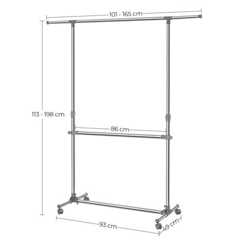 Portant à Vêtement Sur Roulettes Gris Hauteur: 113-198cm, Tube En Fer Revêtu D'acier Llr401