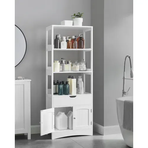 Meuble De Salle De Bain Avec 3 Compartiments Ouverts, 1 Tiroir, 1 Placard, 60 X 32,5 X 154 Cm