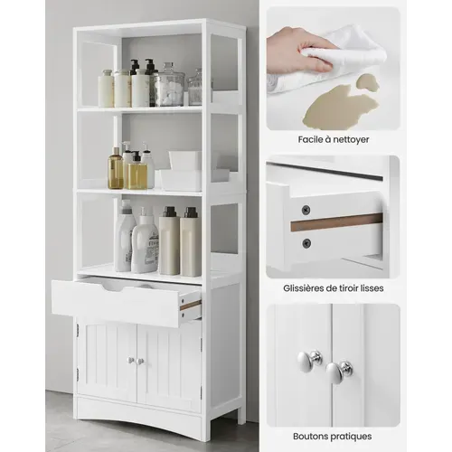 Meuble De Salle De Bain Avec 3 Compartiments Ouverts, 1 Tiroir, 1 Placard, 60 X 32,5 X 154 Cm