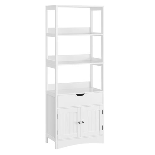 Meuble De Salle De Bain Avec 3 Compartiments Ouverts, 1 Tiroir, 1 Placard, 60 X 32,5 X 154 Cm